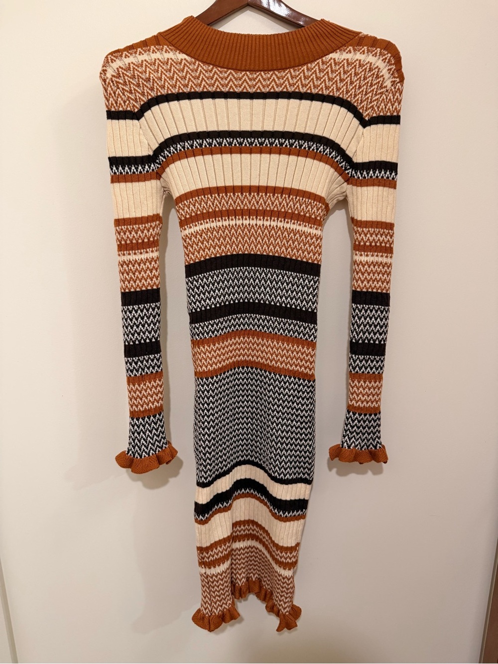 SHEIN Ribbed Striped Long Sleeve Midi Dress in Rust, Black & Cream Size L